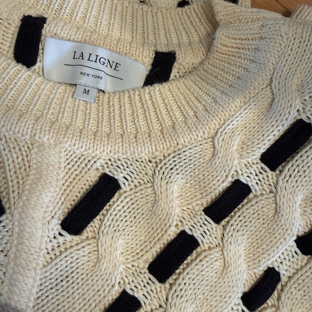 La Ligne Ivory and Black Cable Knit Sweater